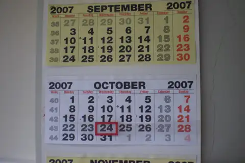 A three-month wall calendar showing September, October and the top of November 2007, with a red box marking Wednesday, October 24